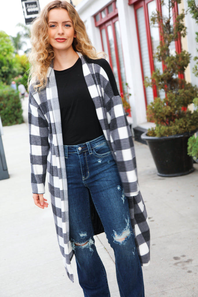 Get To Know You Black Buffalo Plaid Hacci Cardigan-Timber Brooke Boutique, Online Women's Fashion Boutique in Amarillo, Texas