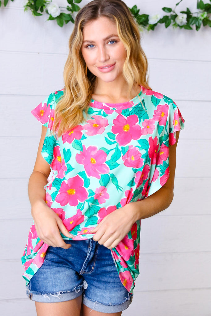 Mint & Fuchsia Floral Ruffle Sleeve Top-Timber Brooke Boutique, Online Women's Fashion Boutique in Amarillo, Texas