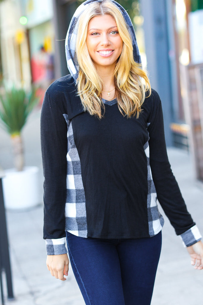 Adorable In Black & Ivory Plaid Hacci Knit Hoodie-Hoodies-Timber Brooke Boutique, Online Women's Fashion Boutique in Amarillo, Texas