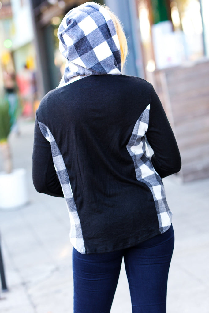 Adorable In Black & Ivory Plaid Hacci Knit Hoodie-Hoodies-Timber Brooke Boutique, Online Women's Fashion Boutique in Amarillo, Texas