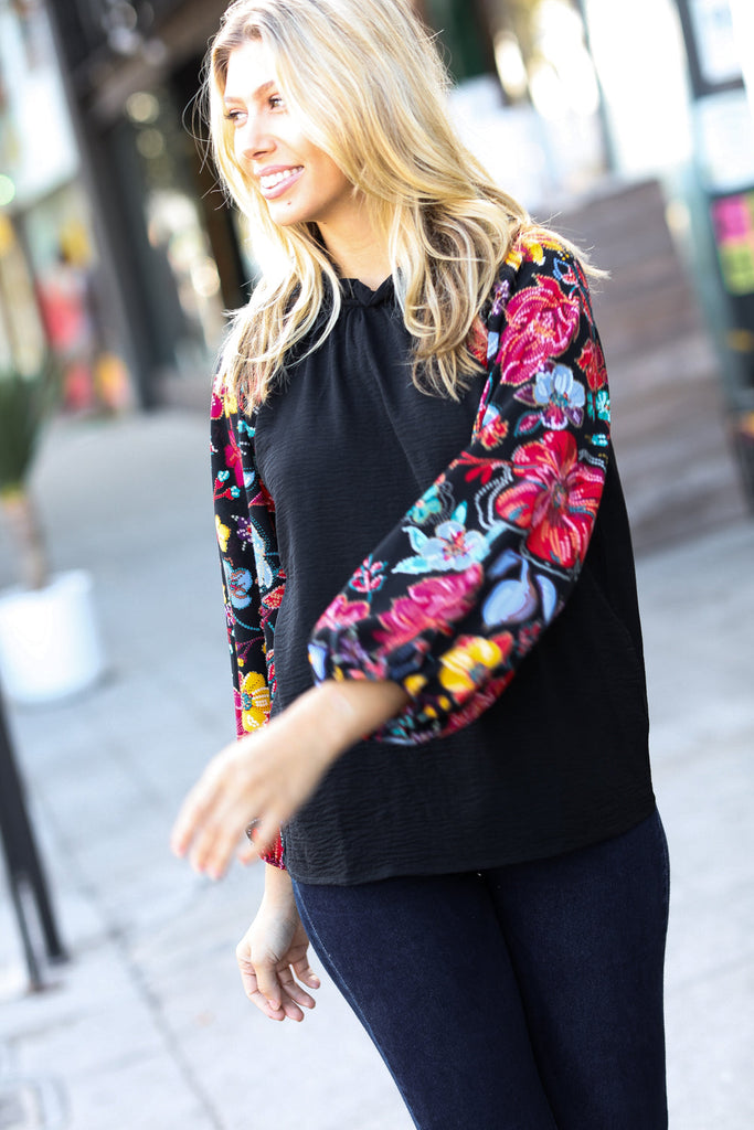 Be Yourself Black Sequin & Floral Embroidery Print Mock Neck Top-Long Sleeve Tops-Timber Brooke Boutique, Online Women's Fashion Boutique in Amarillo, Texas