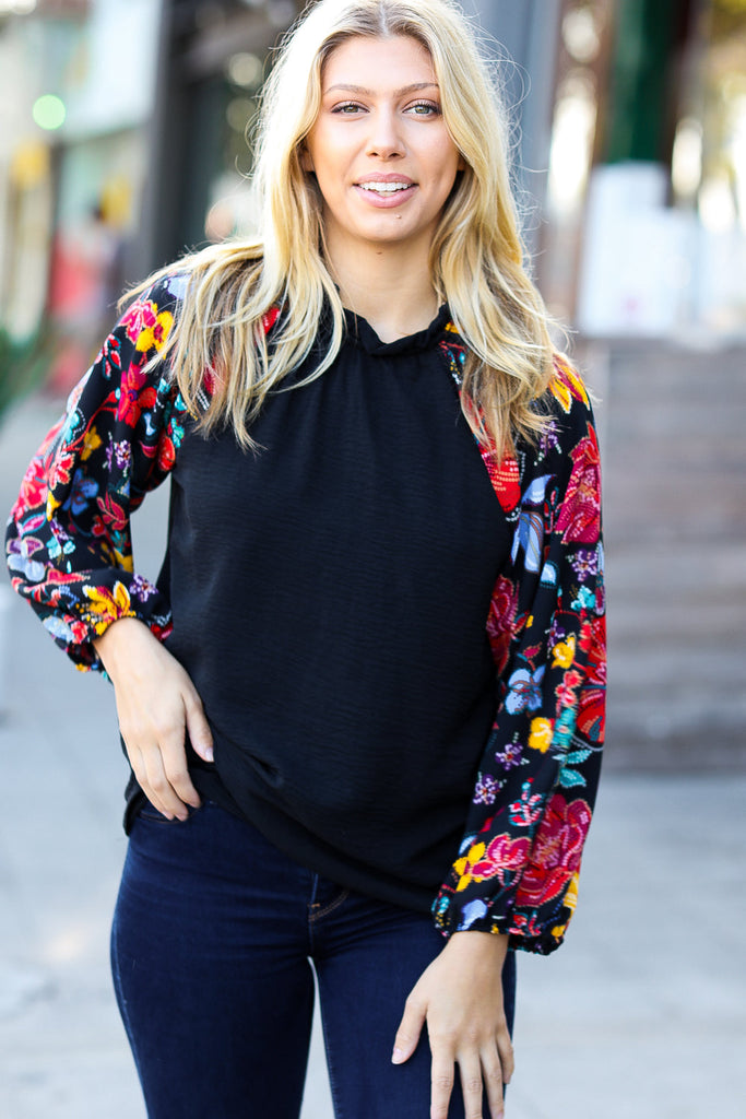 Be Yourself Black Sequin & Floral Embroidery Print Mock Neck Top-Long Sleeve Tops-Timber Brooke Boutique, Online Women's Fashion Boutique in Amarillo, Texas