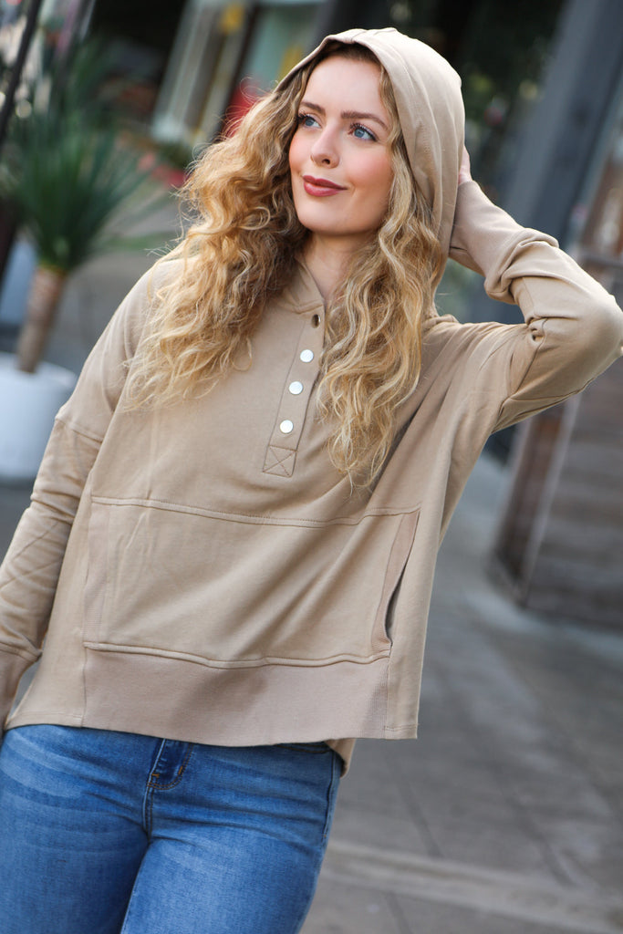 Join You Later Taupe French Terry Snap Button Hoodie-Timber Brooke Boutique, Online Women's Fashion Boutique in Amarillo, Texas