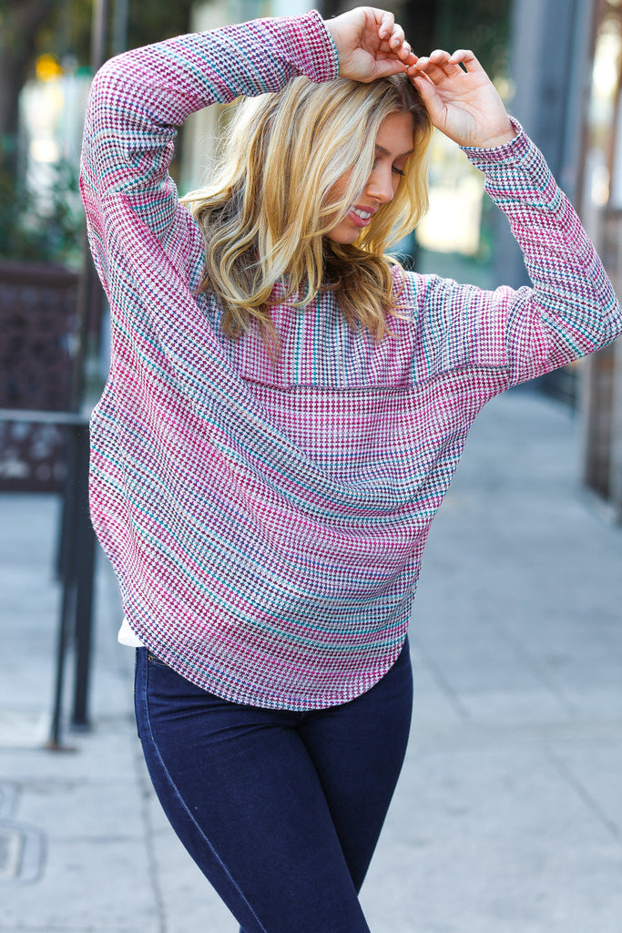 On The Run Magenta Multicolor Vintage Textured Knit Top-Long Sleeve Tops-Timber Brooke Boutique, Online Women's Fashion Boutique in Amarillo, Texas