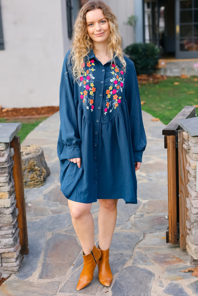 Just Imagine Navy Floral Embroidered Button Down Long Sleeve Dress-Timber Brooke Boutique, Online Women's Fashion Boutique in Amarillo, Texas