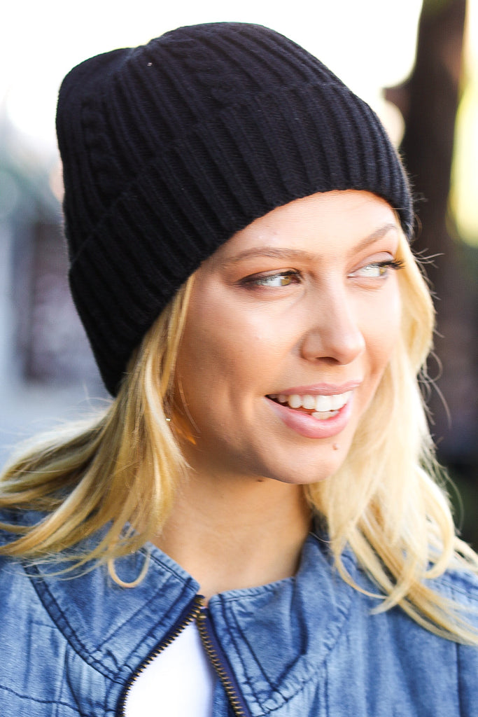 Black Cable Knit Beanie-Timber Brooke Boutique, Online Women's Fashion Boutique in Amarillo, Texas