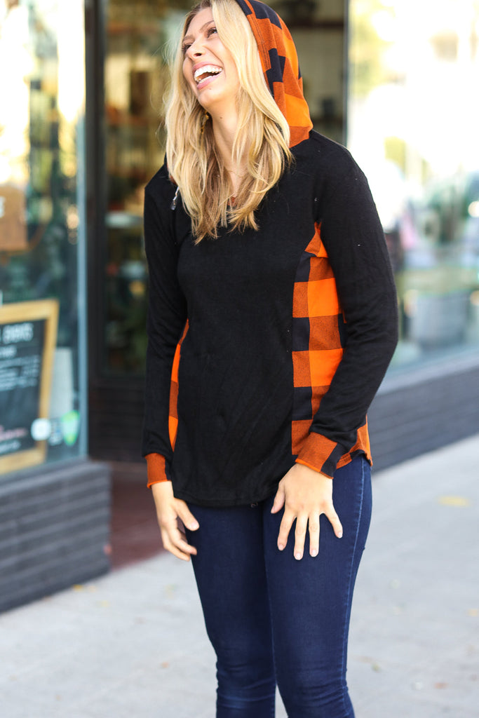 Black & Rust Plaid Hacci Knit Hoodie-Timber Brooke Boutique, Online Women's Fashion Boutique in Amarillo, Texas