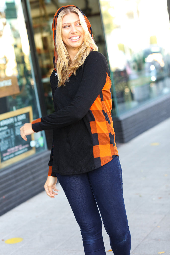 Black & Rust Plaid Hacci Knit Hoodie-Timber Brooke Boutique, Online Women's Fashion Boutique in Amarillo, Texas