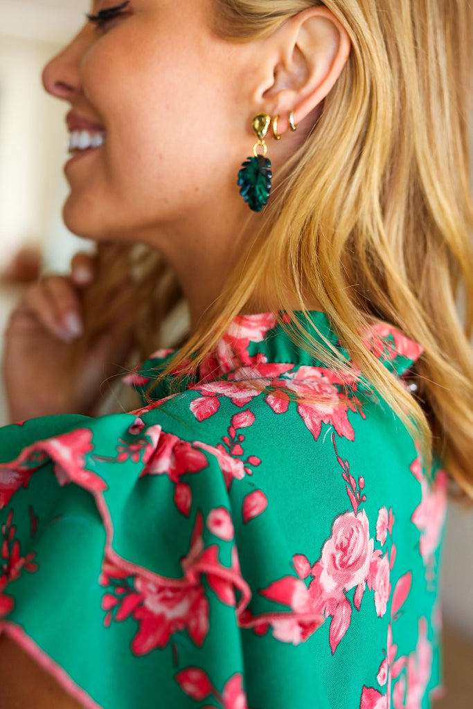 Emerald & Gold Monstera Leaf Dangle Earrings-Earrings-Timber Brooke Boutique, Online Women's Fashion Boutique in Amarillo, Texas