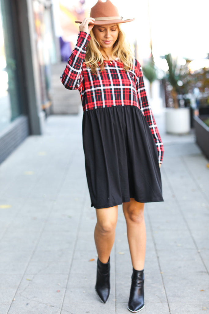 Holiday Plaid Twofer Babydoll Dress-Timber Brooke Boutique, Online Women's Fashion Boutique in Amarillo, Texas