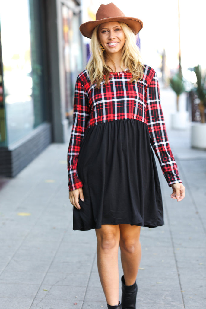 Holiday Plaid Twofer Babydoll Dress-Timber Brooke Boutique, Online Women's Fashion Boutique in Amarillo, Texas