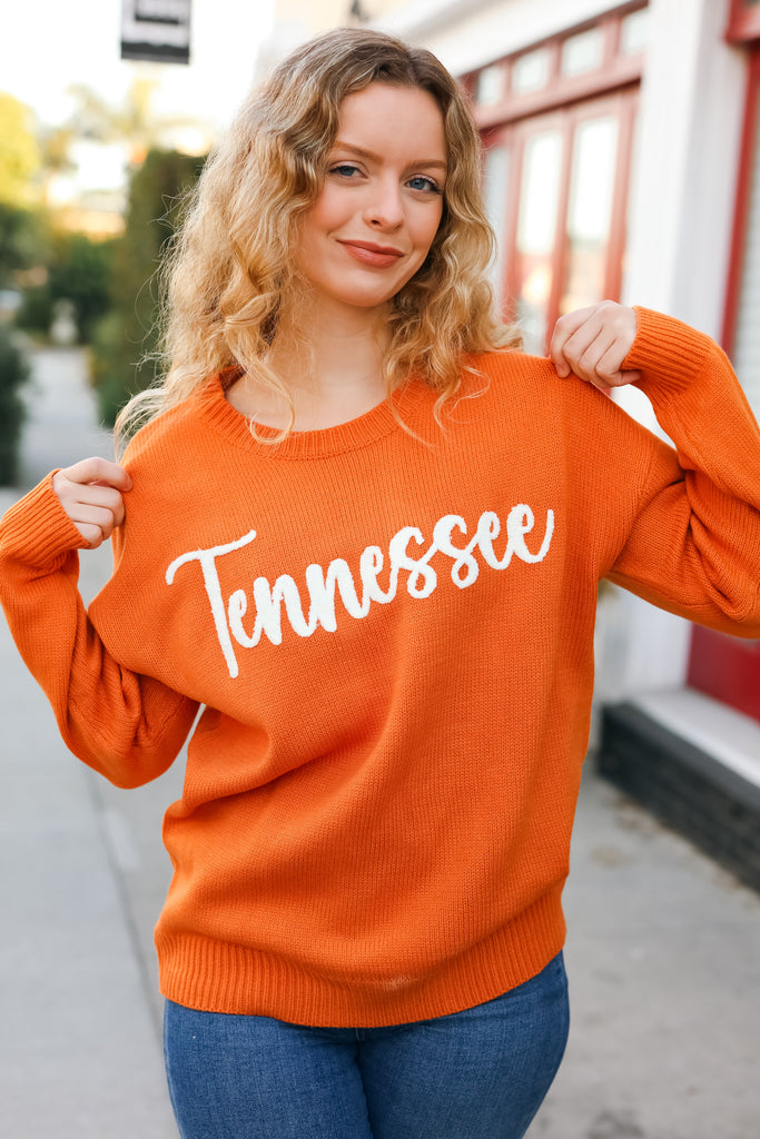 Game Day Orange "Tennessee" Embroidery Pop Up Sweater-Timber Brooke Boutique, Online Women's Fashion Boutique in Amarillo, Texas
