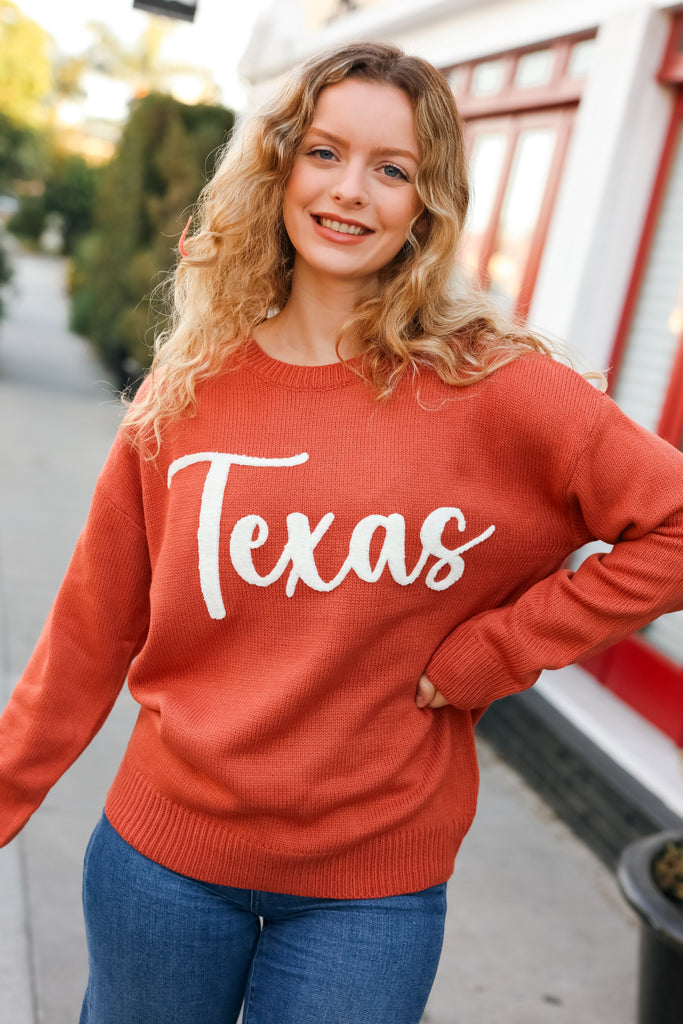 Game Day Burnt Orange "Texas" Embroidery Pop Up Sweater-Timber Brooke Boutique, Online Women's Fashion Boutique in Amarillo, Texas