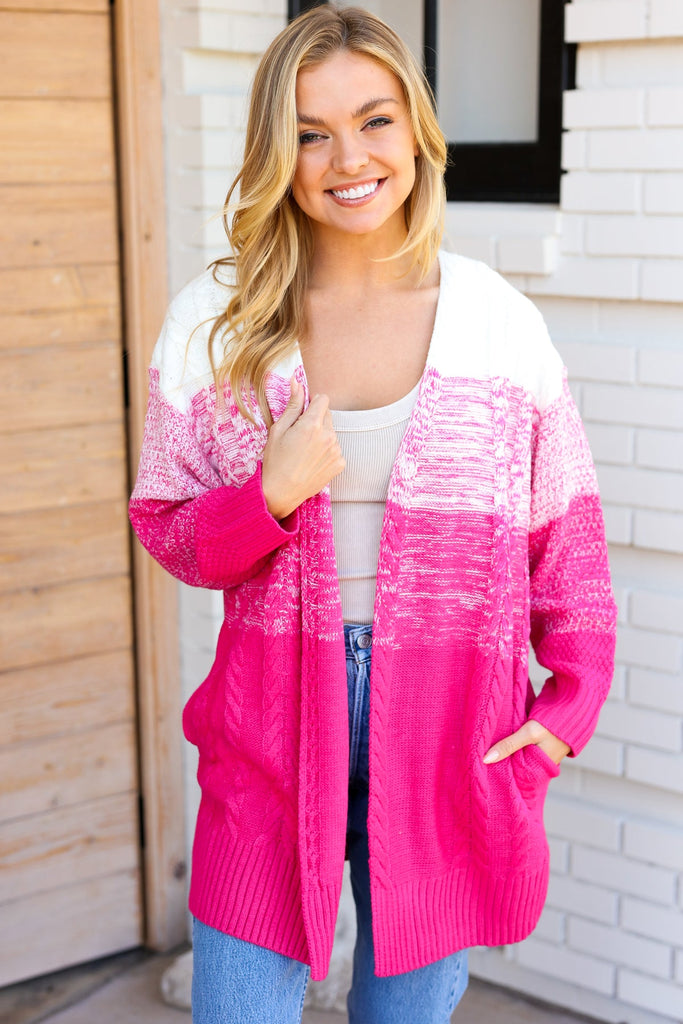 Always Fun Fuchsia Ombre Cable Knit Cardigan-Timber Brooke Boutique, Online Women's Fashion Boutique in Amarillo, Texas