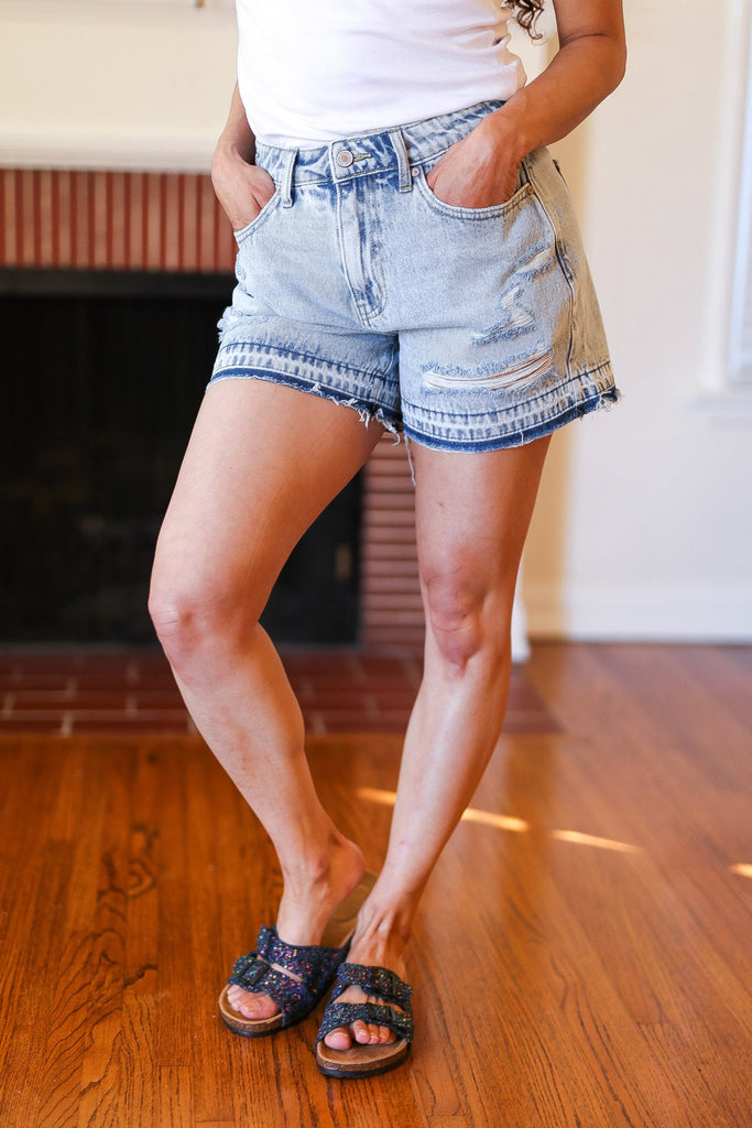Light Wash High Rise Raw Hem Distressed Denim Shorts-Timber Brooke Boutique, Online Women's Fashion Boutique in Amarillo, Texas