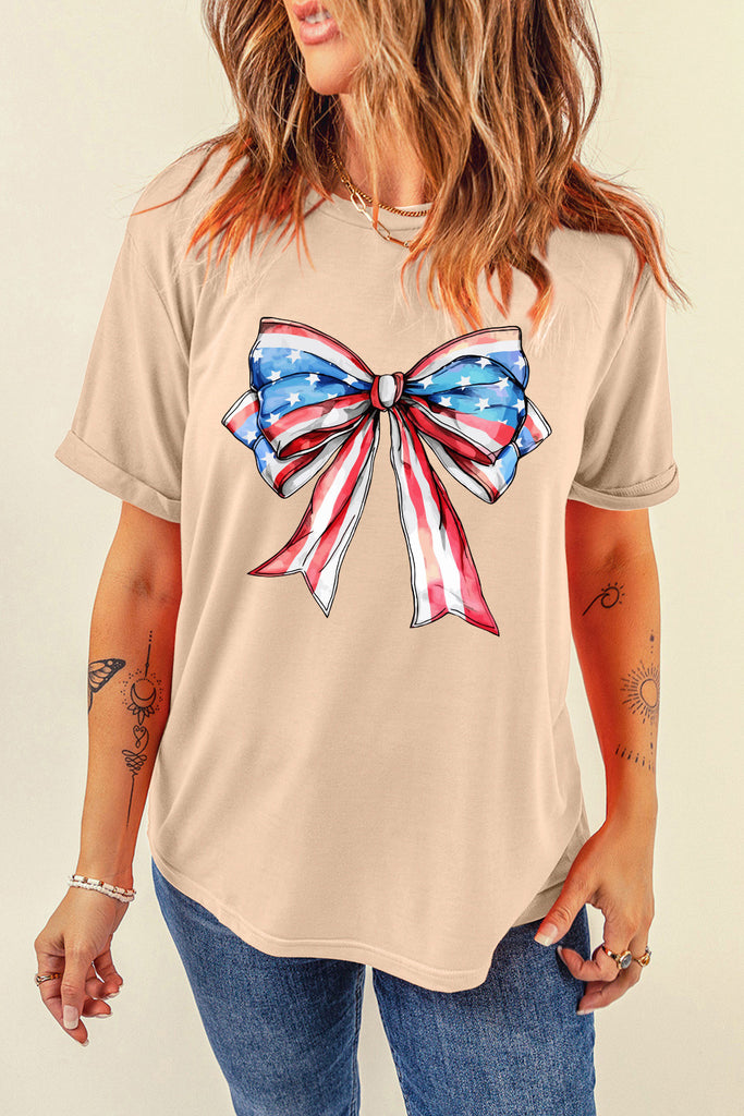 Bow Graphic Round Neck Short Sleeve T-Shirt-Timber Brooke Boutique, Online Women's Fashion Boutique in Amarillo, Texas