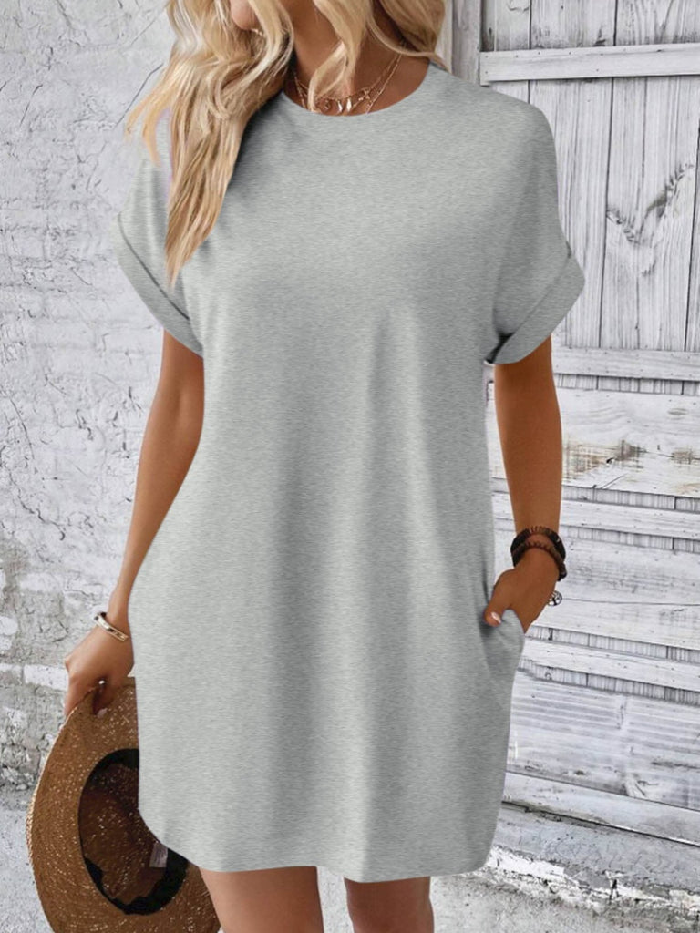 Round Neck Short Sleeve Mini Dress-Timber Brooke Boutique, Online Women's Fashion Boutique in Amarillo, Texas