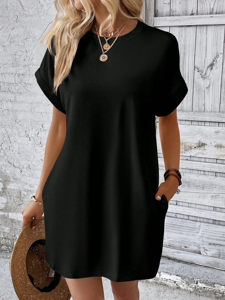 Round Neck Short Sleeve Mini Dress-Timber Brooke Boutique, Online Women's Fashion Boutique in Amarillo, Texas