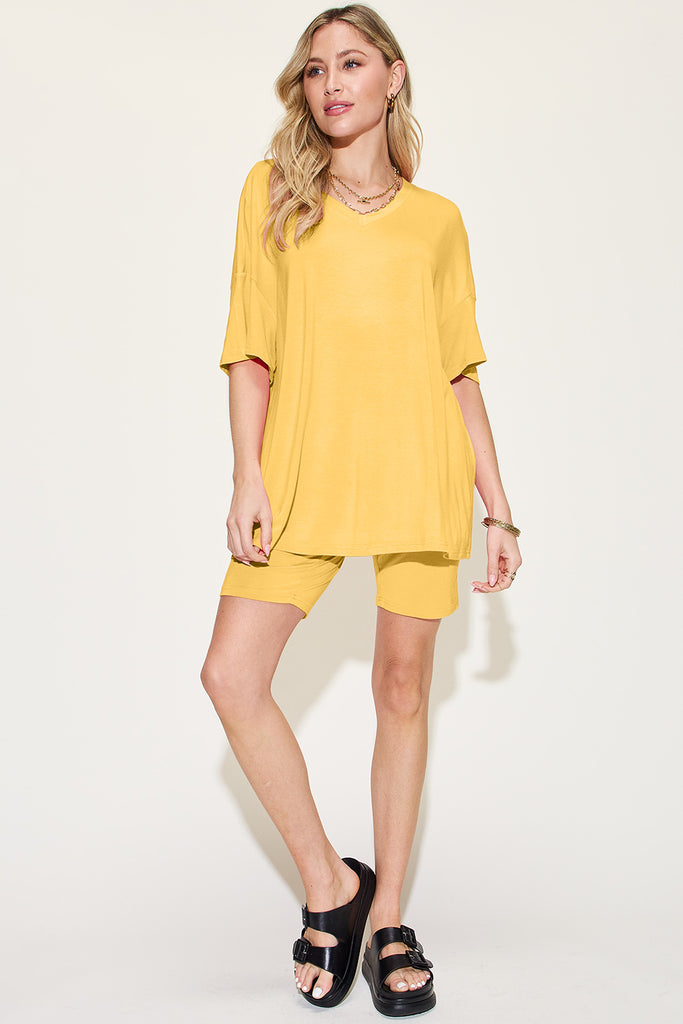 Basic Bae Bamboo Full Size V-Neck Drop Shoulder T-Shirt and Shorts Set-Timber Brooke Boutique, Online Women's Fashion Boutique in Amarillo, Texas