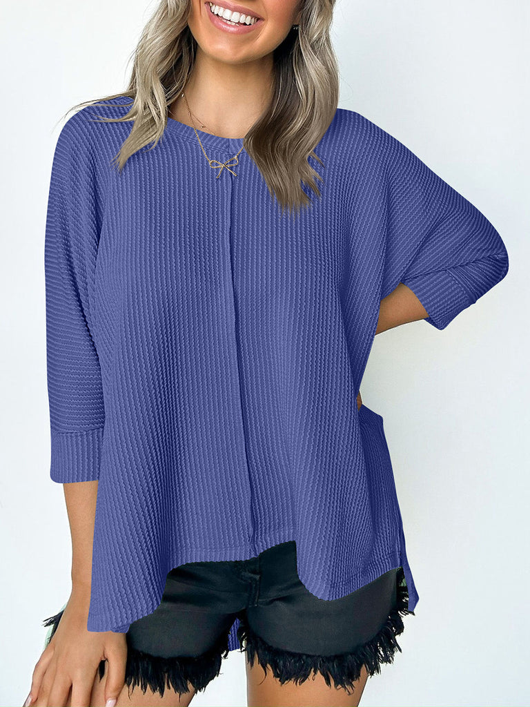 Textured Round Neck Three-Quarter Sleeve Blouse-Timber Brooke Boutique, Online Women's Fashion Boutique in Amarillo, Texas