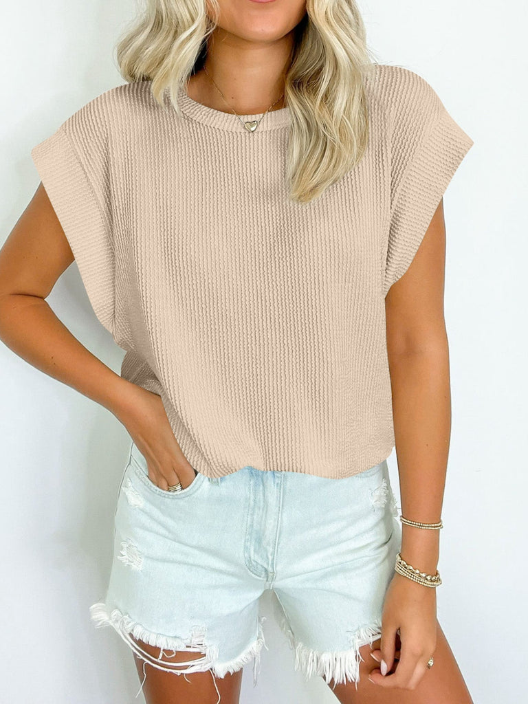 Textured Round Neck Cap Sleeve Blouse-Timber Brooke Boutique, Online Women's Fashion Boutique in Amarillo, Texas