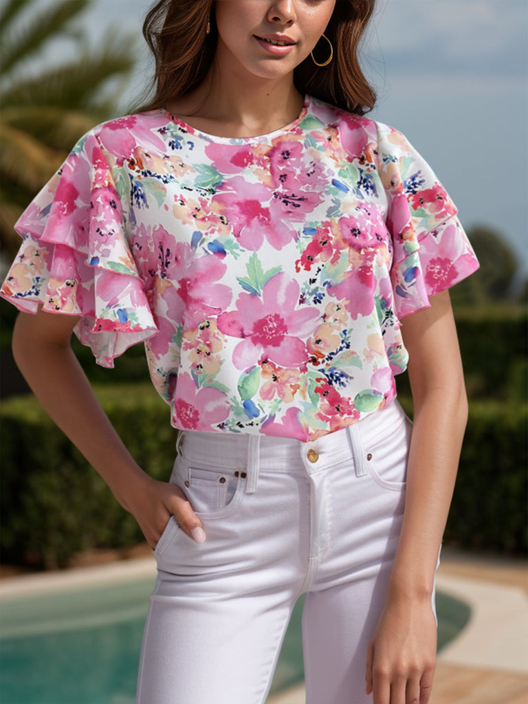 Floral Round Neck Flutter Sleeve Blouse-Timber Brooke Boutique, Online Women's Fashion Boutique in Amarillo, Texas