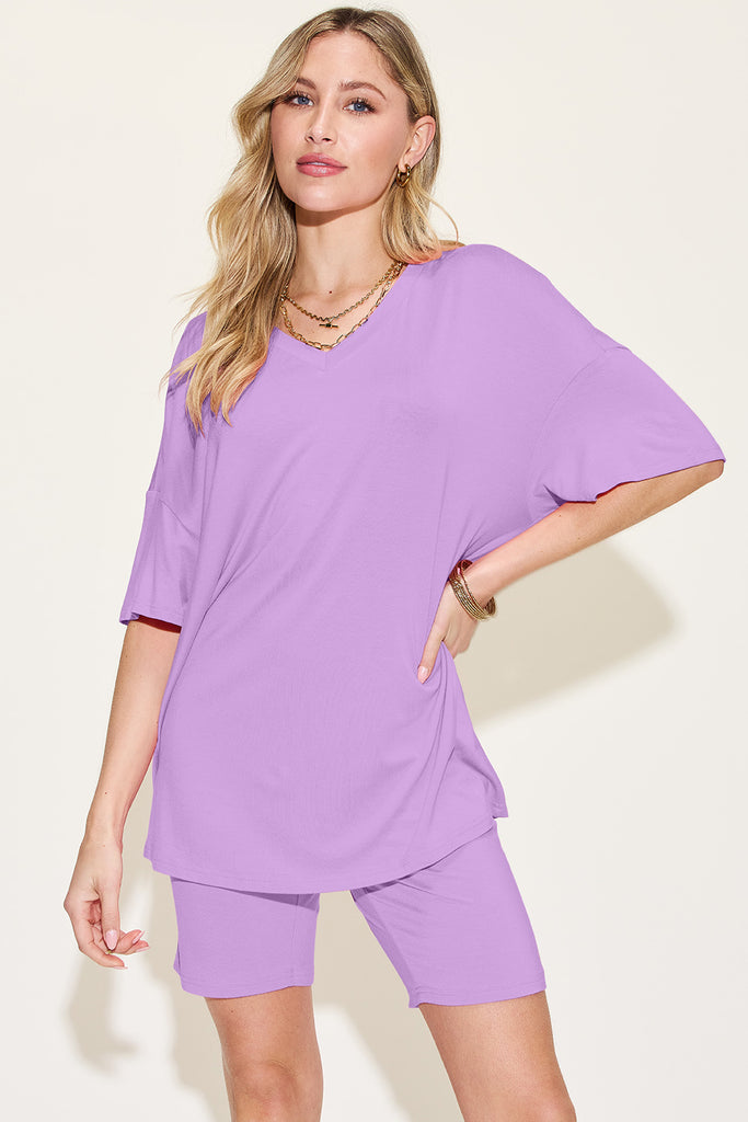 Basic Bae Bamboo Full Size V-Neck Drop Shoulder T-Shirt and Shorts Set-Timber Brooke Boutique, Online Women's Fashion Boutique in Amarillo, Texas