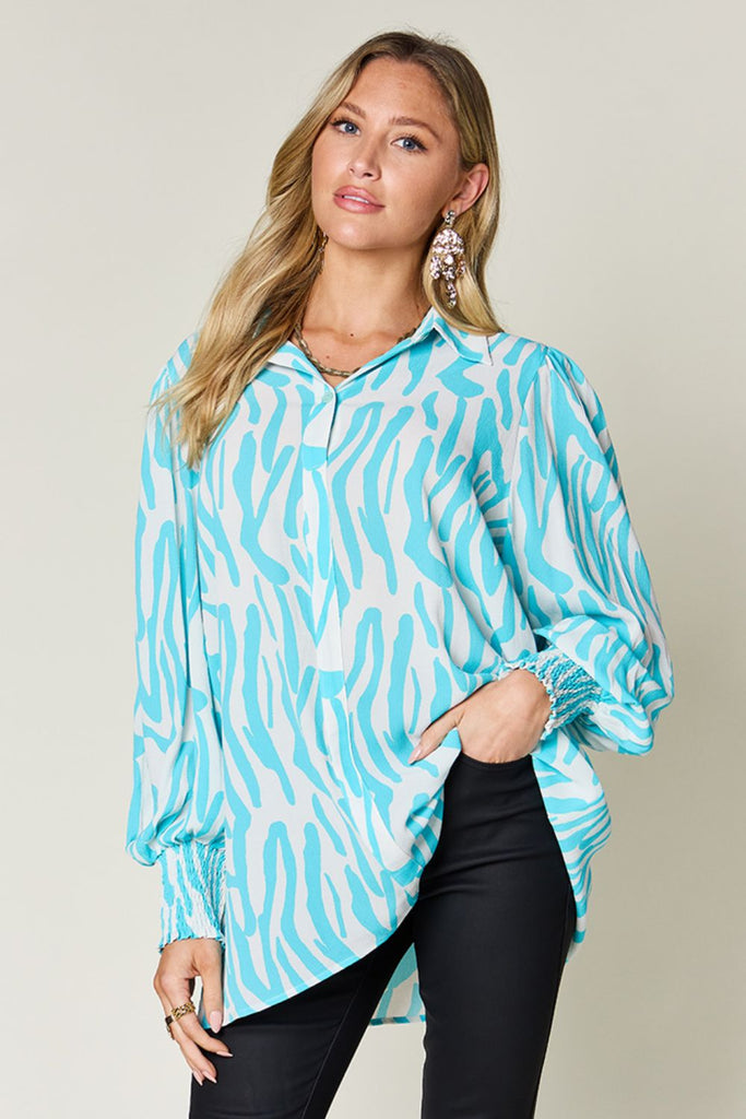 Double Take Full Size Printed Smocked Long Sleeve Blouse-Timber Brooke Boutique, Online Women's Fashion Boutique in Amarillo, Texas