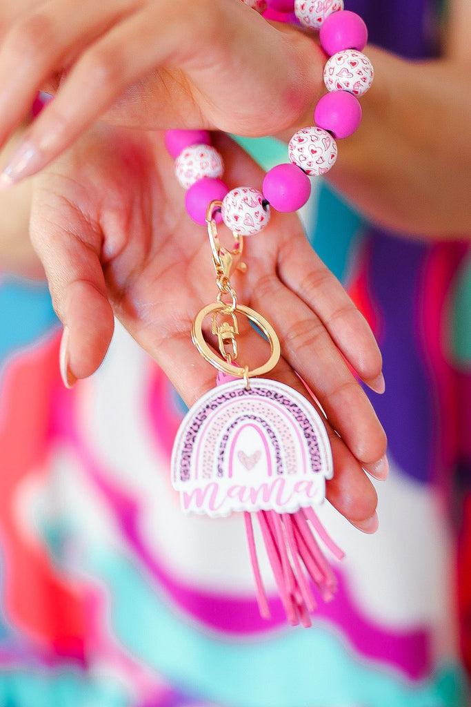 Hot Pink "Mama" Bauble Wristlet Tassel Keychain-Timber Brooke Boutique, Online Women's Fashion Boutique in Amarillo, Texas
