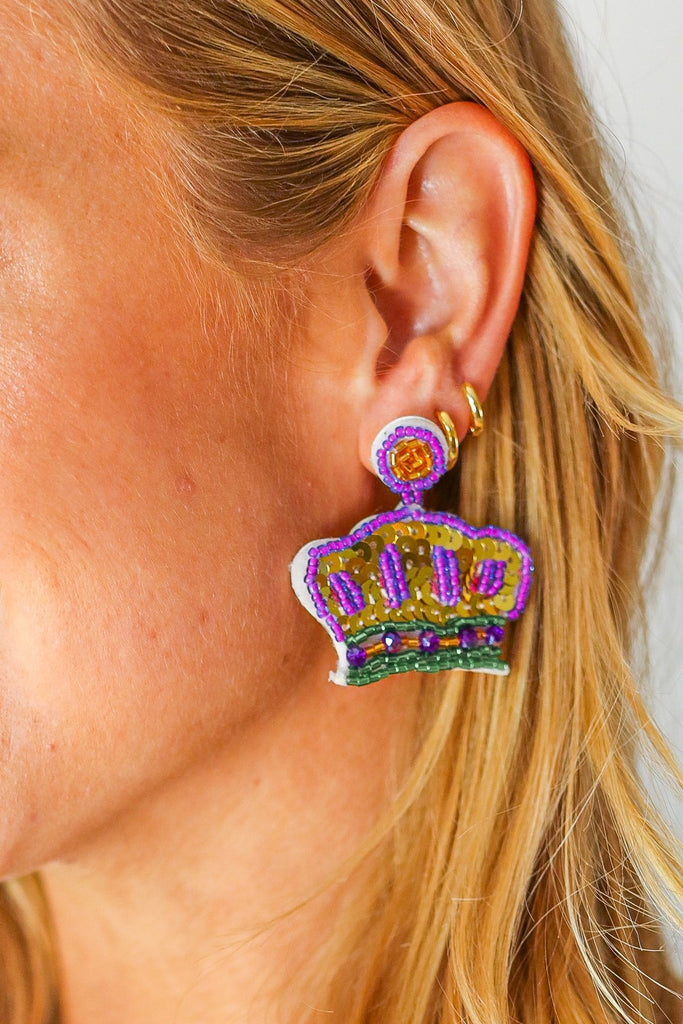 Mardi Gras Sequin & Beaded Crown Dangle Earrings-Timber Brooke Boutique, Online Women's Fashion Boutique in Amarillo, Texas