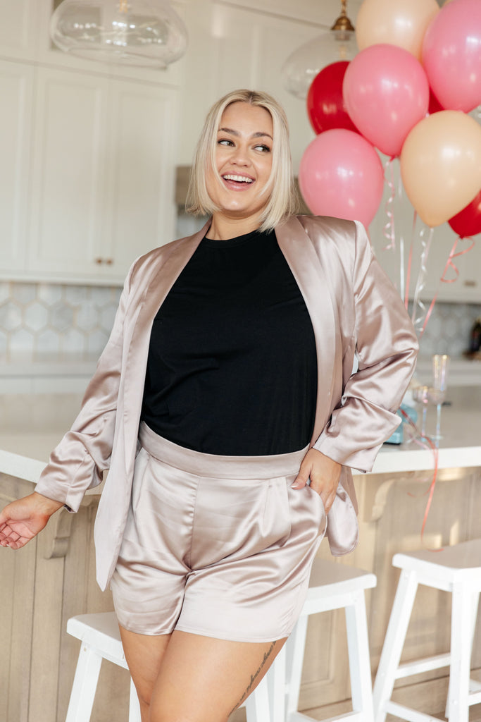Champagne and Roses Satin Blazer-Blazers-Timber Brooke Boutique, Online Women's Fashion Boutique in Amarillo, Texas