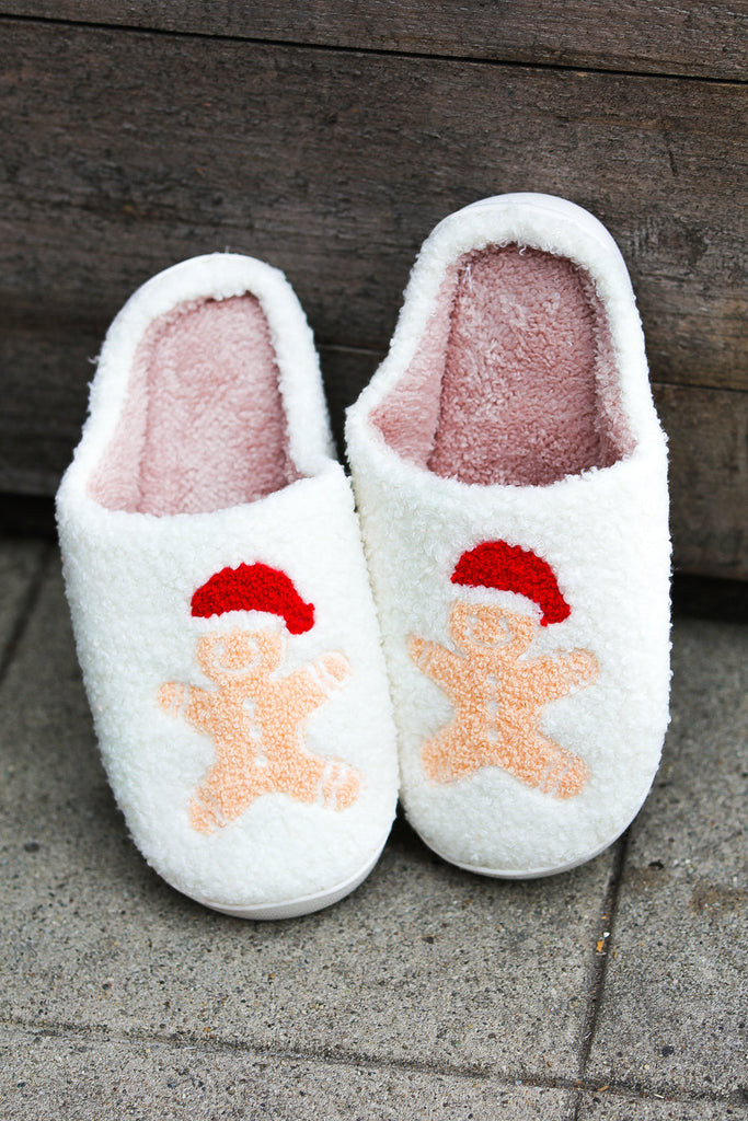 Holiday Gingerbread Print Fleece Slippers-Timber Brooke Boutique, Online Women's Fashion Boutique in Amarillo, Texas
