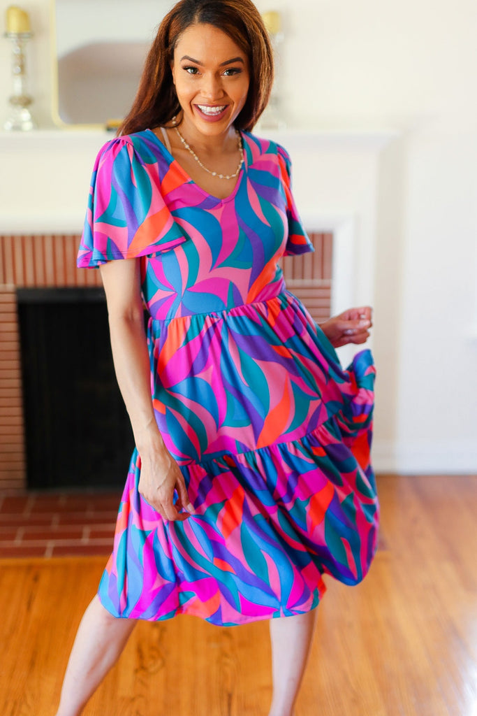 Remember Me Blue & Fuchsia Geo Print V Neck Dress-Timber Brooke Boutique, Online Women's Fashion Boutique in Amarillo, Texas