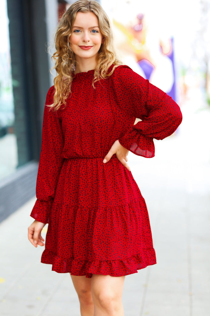 Simply Merry Burnt Red Animal Print Mock Neck Tiered Dress-Timber Brooke Boutique, Online Women's Fashion Boutique in Amarillo, Texas