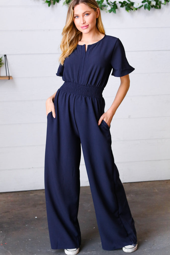 Dark Blue Smocked Waist Notch Neck Crepe Jumpsuit-Timber Brooke Boutique, Online Women's Fashion Boutique in Amarillo, Texas