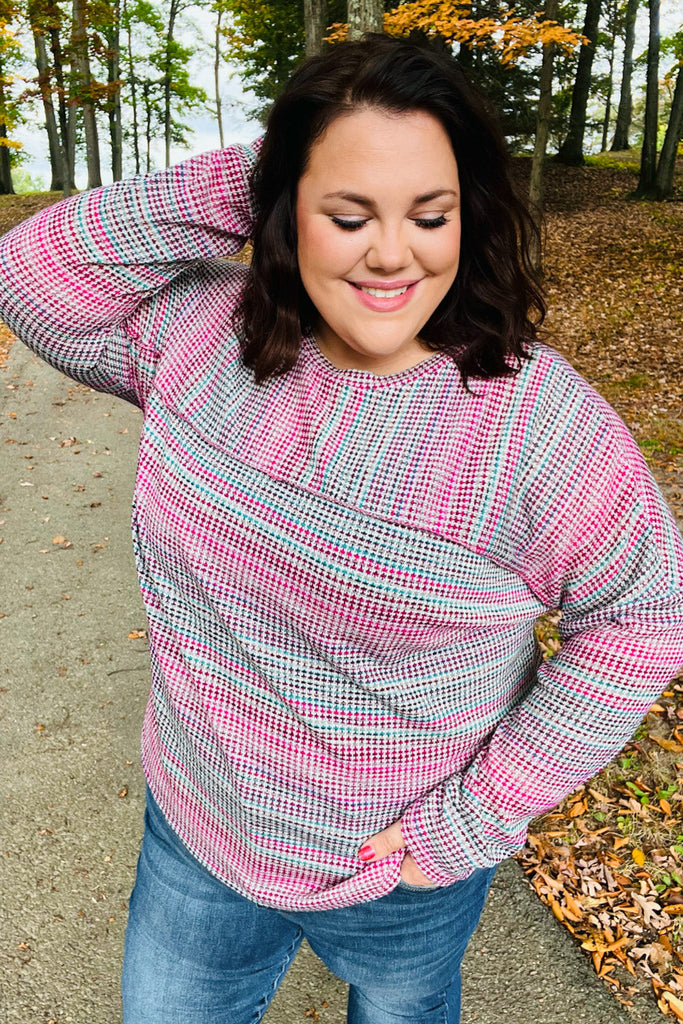 On The Run Magenta Multicolor Vintage Textured Knit Top-Long Sleeve Tops-Timber Brooke Boutique, Online Women's Fashion Boutique in Amarillo, Texas