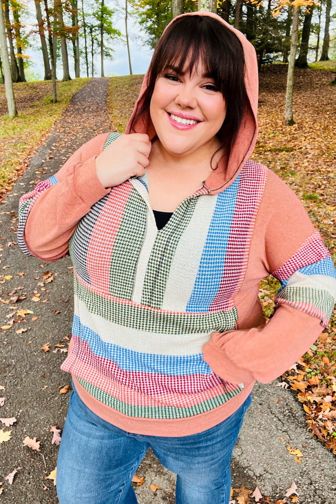Feeling Vintage Rust & Blue Stripe Textured Notched Hoodie-Hoodies-Timber Brooke Boutique, Online Women's Fashion Boutique in Amarillo, Texas