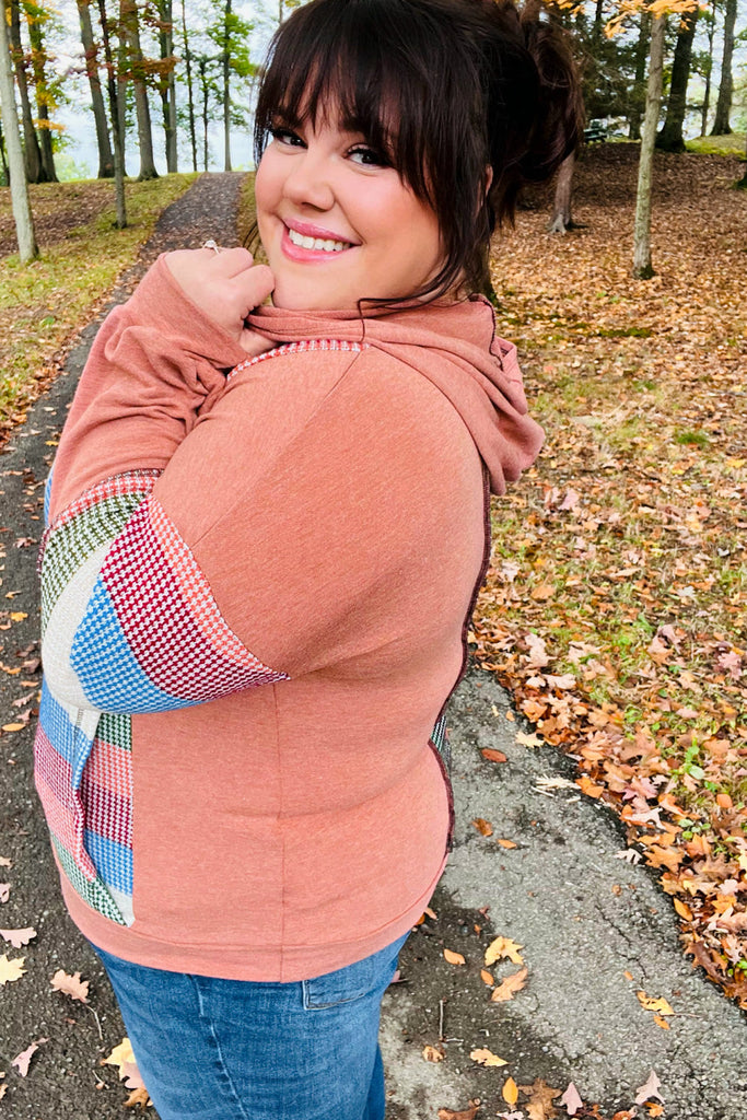 Feeling Vintage Rust & Blue Stripe Textured Notched Hoodie-Hoodies-Timber Brooke Boutique, Online Women's Fashion Boutique in Amarillo, Texas