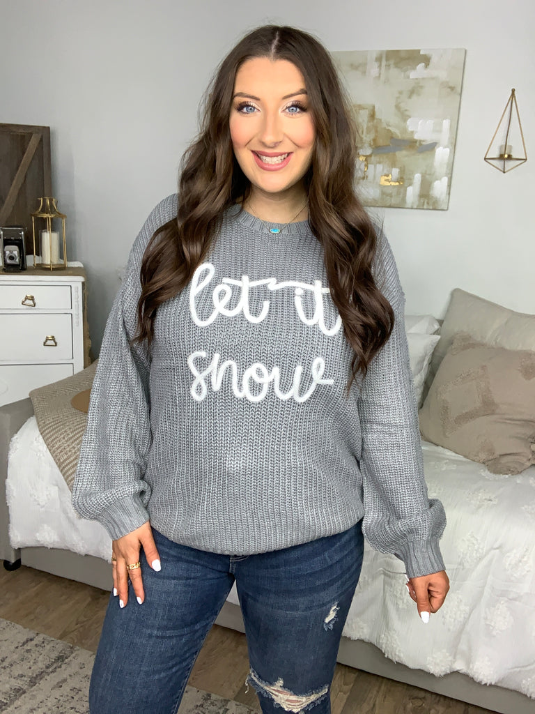 Take Me In Grey Embroidery "Let It Snow" Lurex Sweater-Timber Brooke Boutique, Online Women's Fashion Boutique in Amarillo, Texas