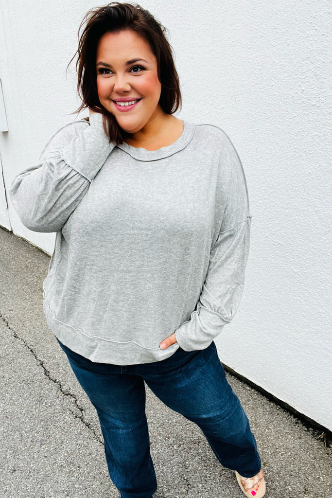 Heather Grey Drop Shoulder Bubble Sleeve Outseam Top-Timber Brooke Boutique, Online Women's Fashion Boutique in Amarillo, Texas