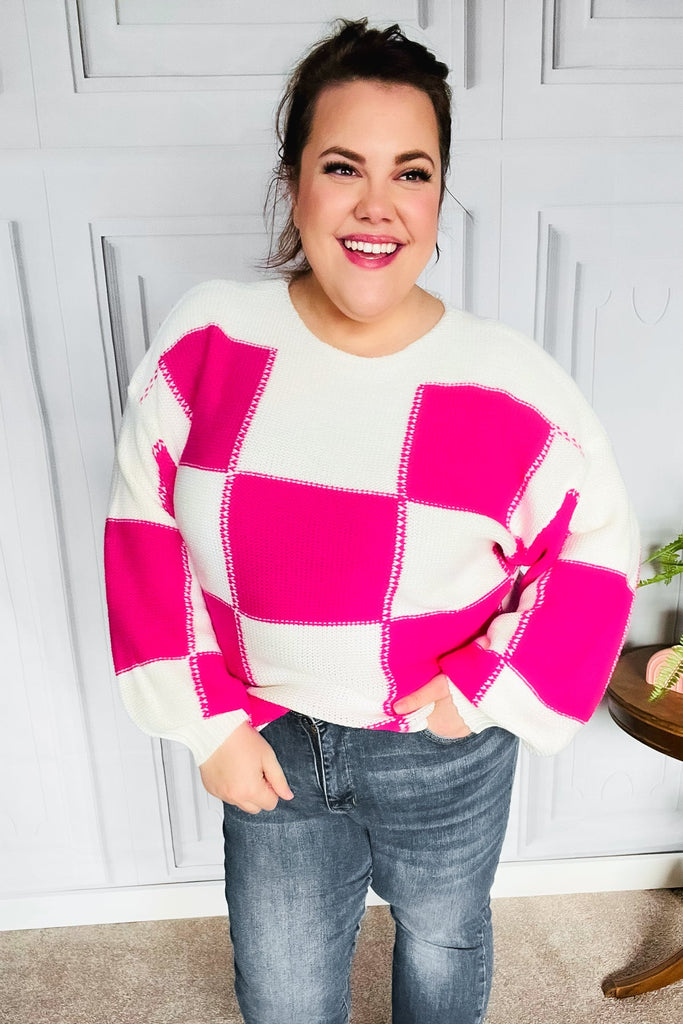 Tried & True Fuchsia Checkered Oversized Knit Sweater-Timber Brooke Boutique, Online Women's Fashion Boutique in Amarillo, Texas
