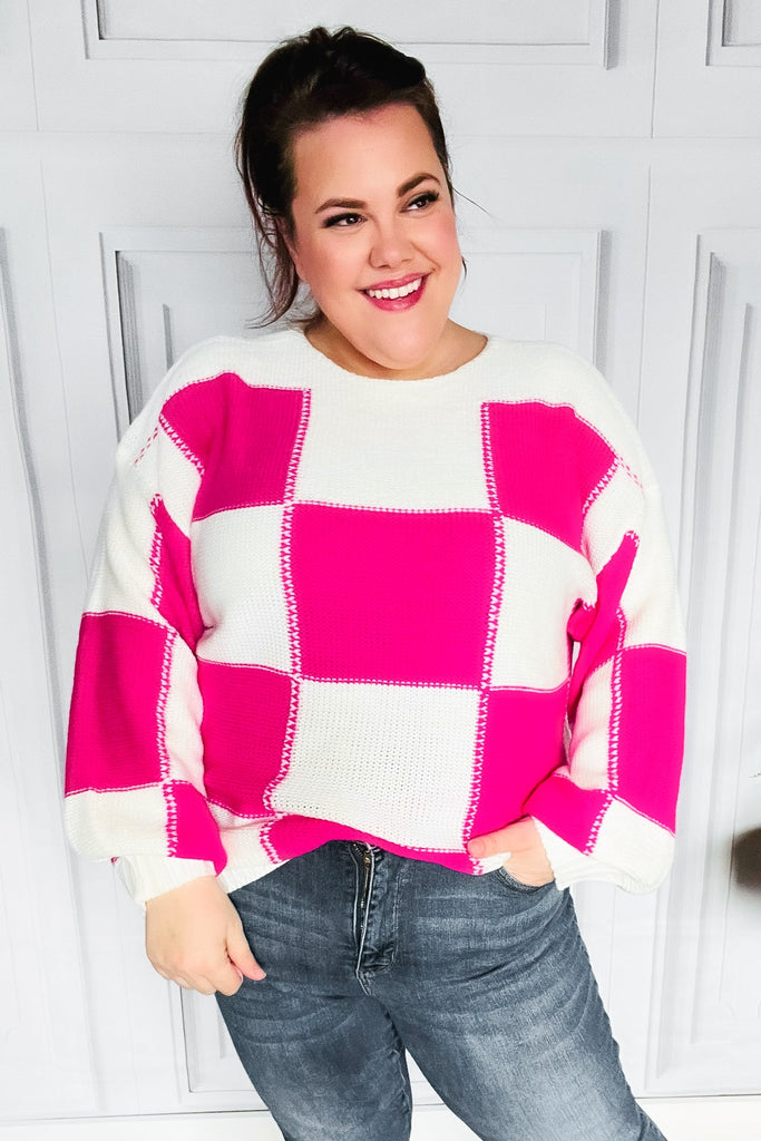Tried & True Fuchsia Checkered Oversized Knit Sweater-Timber Brooke Boutique, Online Women's Fashion Boutique in Amarillo, Texas