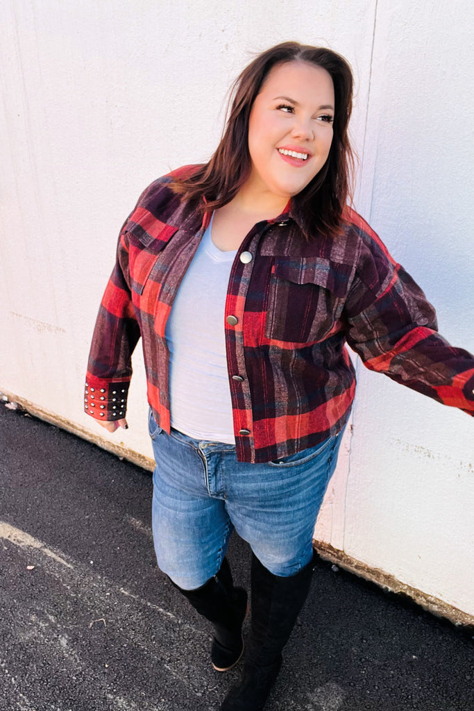 City Streets Burgundy & Rust Plaid Studded Cropped Jacket-Timber Brooke Boutique, Online Women's Fashion Boutique in Amarillo, Texas