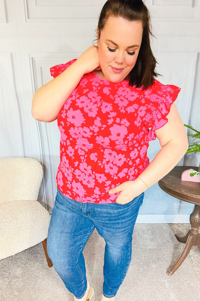 All The Frills Red & Fuchsia Floral Smocked Ruffle Sleeve Top-Timber Brooke Boutique, Online Women's Fashion Boutique in Amarillo, Texas