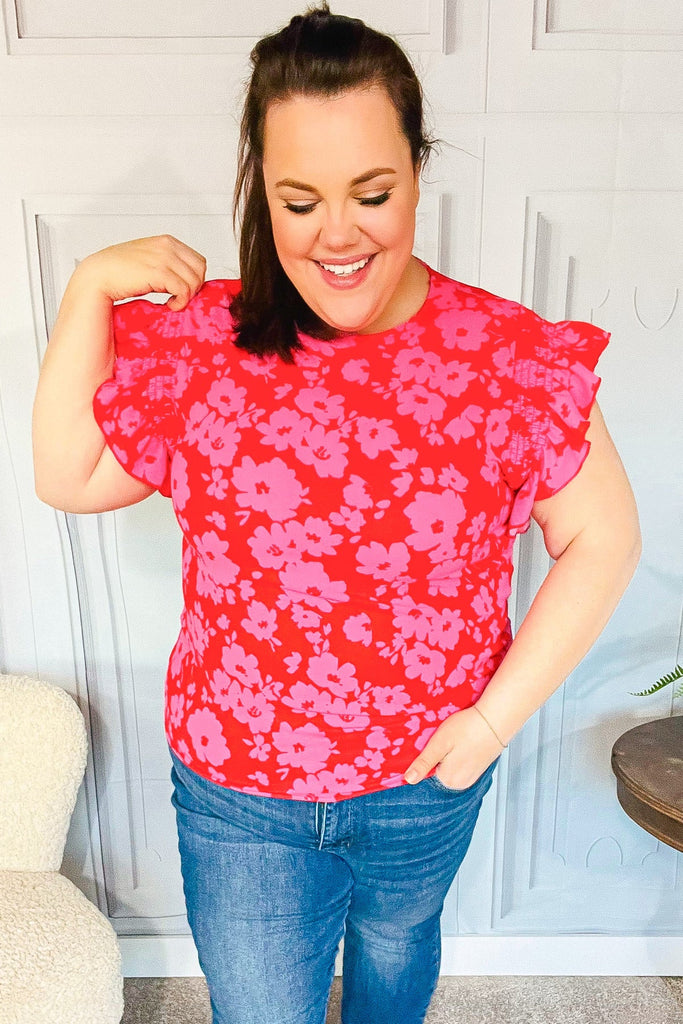 All The Frills Red & Fuchsia Floral Smocked Ruffle Sleeve Top-Timber Brooke Boutique, Online Women's Fashion Boutique in Amarillo, Texas