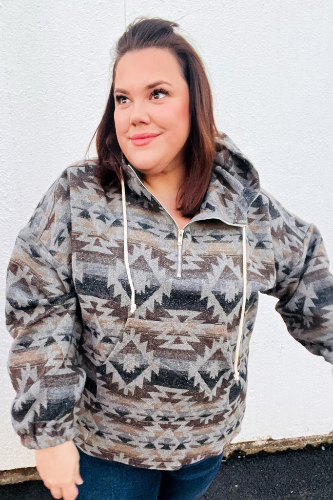 Call For You Grey Aztec Half Zip High Neck Hoodie-Timber Brooke Boutique, Online Women's Fashion Boutique in Amarillo, Texas