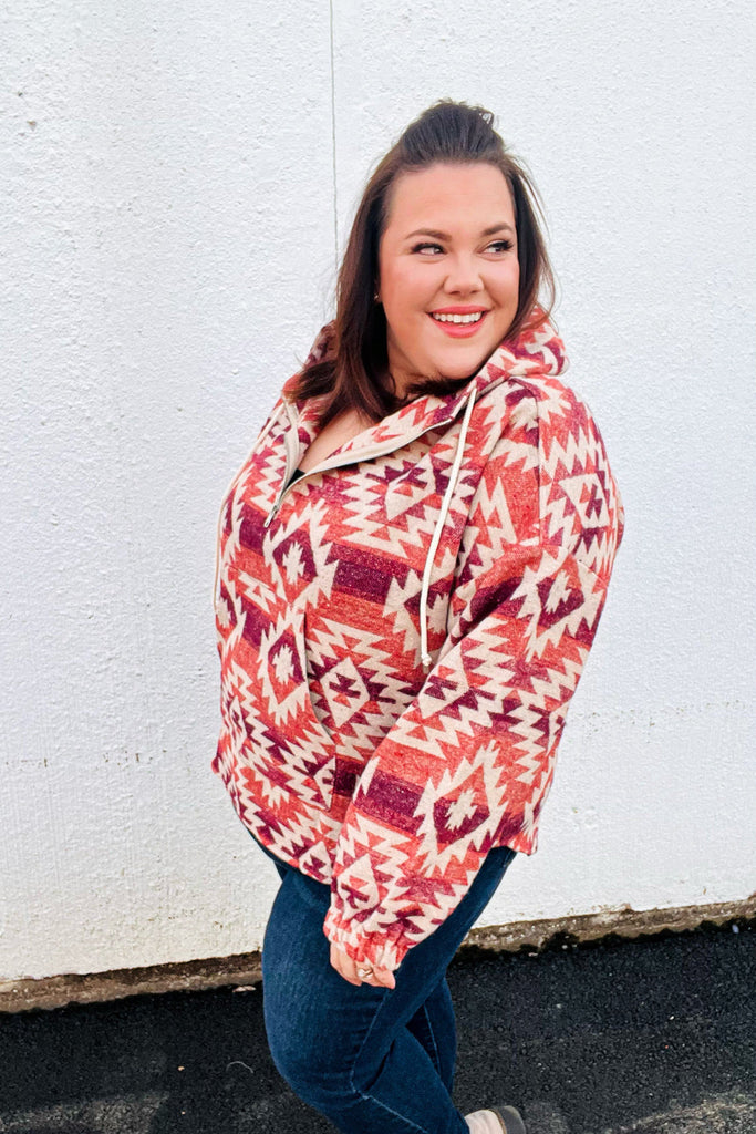 Fall For You Rust & Burgundy Aztec Half Zip High Neck Hoodie-Timber Brooke Boutique, Online Women's Fashion Boutique in Amarillo, Texas