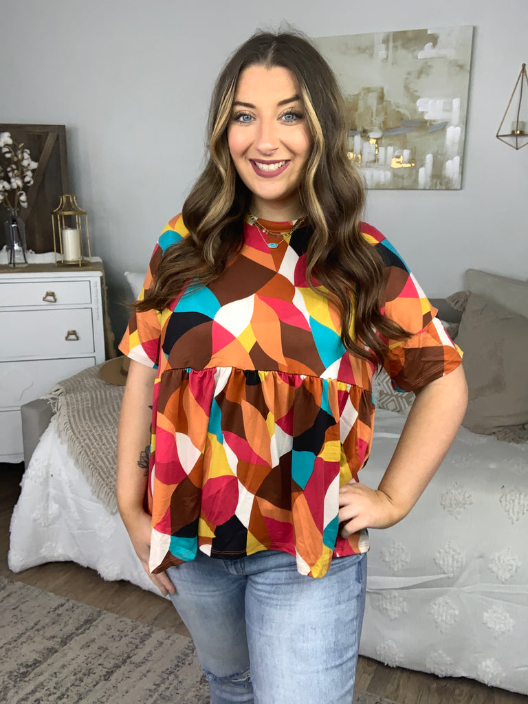 Teal & Mustard Geo Print Drop Shoulder Babydoll Top-Short Sleeve Top-Timber Brooke Boutique, Online Women's Fashion Boutique in Amarillo, Texas