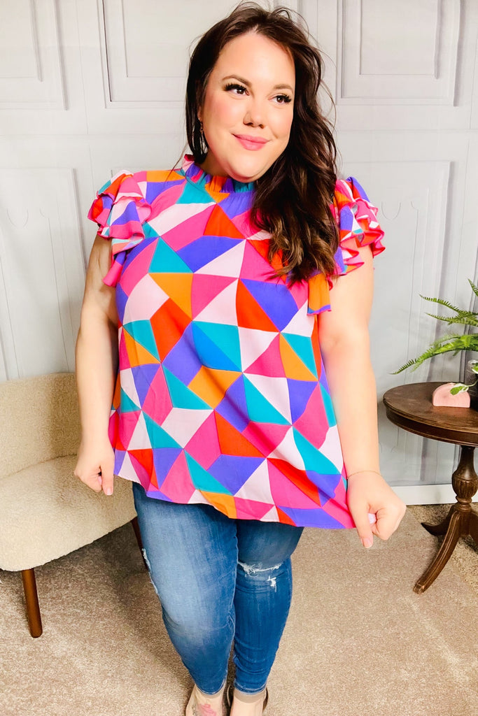 Feeling Bold Multicolor Geo Print Mock Neck Flutter Sleeve Top-Short Sleeve Top-Timber Brooke Boutique, Online Women's Fashion Boutique in Amarillo, Texas