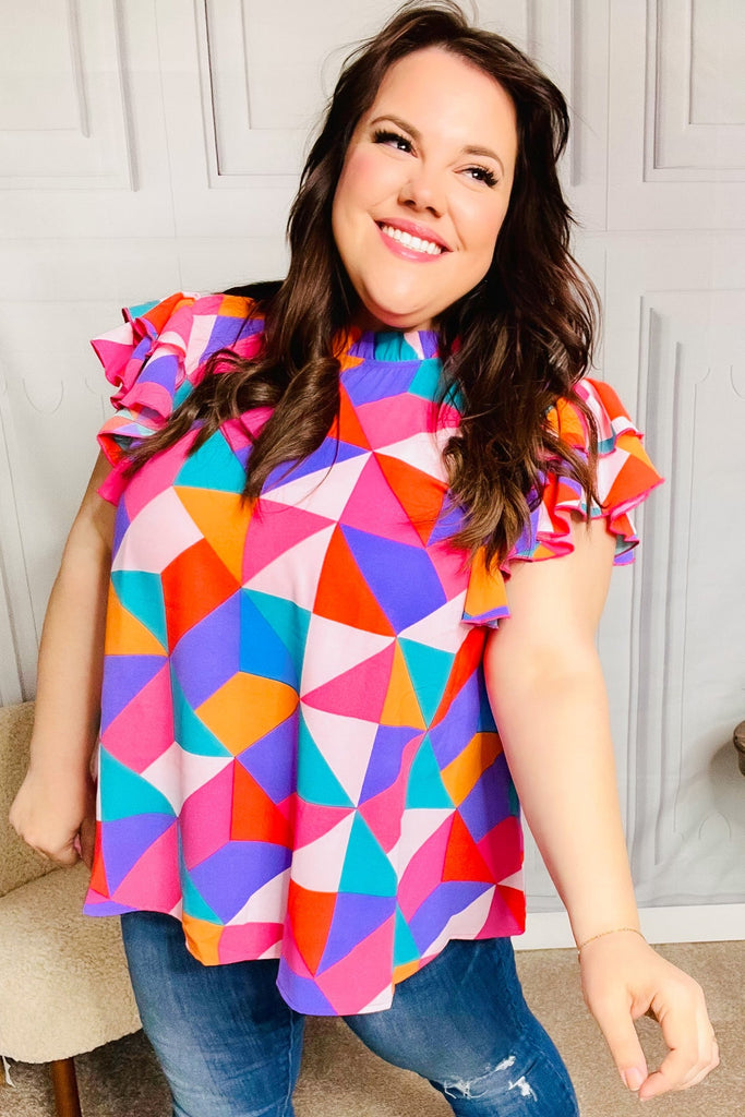 Feeling Bold Multicolor Geo Print Mock Neck Flutter Sleeve Top-Short Sleeve Top-Timber Brooke Boutique, Online Women's Fashion Boutique in Amarillo, Texas